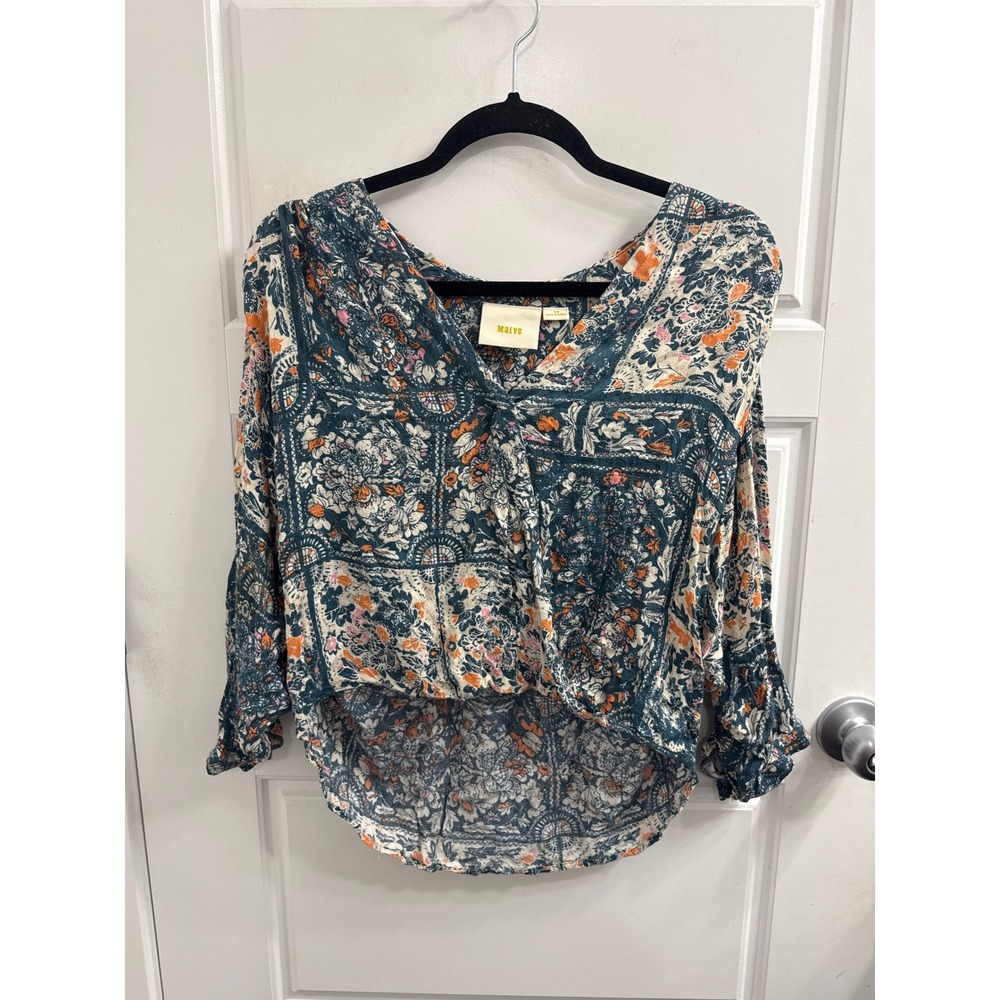 Maeve Anthropologie Floral Patchwork Surplice Blouse Teal Orange XS